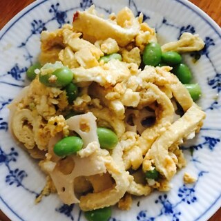 京揚げとレンコン、枝豆の卵炒め